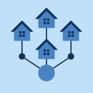 A flat, blue-toned illustration showing a mortgage network: four simple house icons connected by lines to circular nodes, all linking into one larger central hub on a light blue background.