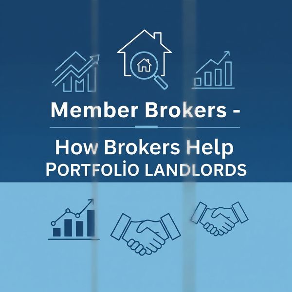 A square blue graphic with white text reading “Member Brokers – How Brokers Help Portfolio Landlords”. Above the title are simple line icons showing growth charts and a house with a magnifying glass. Below the text are icons of a rising bar chart and two handshake symbols, representing partnership, support, and portfolio growth.