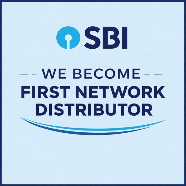 Square 600x600 announcement graphic with a light blue background and a thin dark blue border. At the top is the State Bank of India (SBI) logo in its original colours: a blue circular keyhole icon followed by ‘SBI’ in dark blue. Below, large centred text reads ‘WE BECOME’ and then ‘FIRST NETWORK DISTRIBUTOR’ in bold dark blue, with small light blue dash accents on either side. A curved two-tone blue swoosh sits underneath the headline, creating a clean, corporate look.