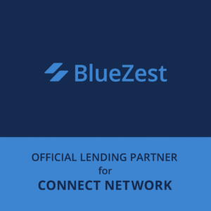 Square 600×600 graphic in two-tone blue. Top section has a dark blue gradient background with a stylised icon and the word “BlueZest” in light blue, centred. Bottom band is light blue with stacked text reading “OFFICIAL LENDING PARTNER” then “for” then “CONNECT NETWORK” in dark blue, all in a clean sans-serif style.