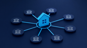 Mortgage Network Lender Panel illustration showing a central home icon connected to multiple lender and bank symbols in dark blue and light blue branded colours.