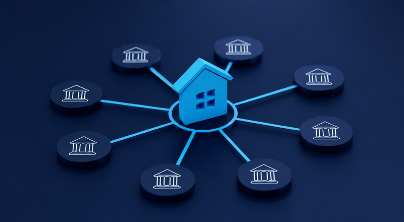 Mortgage Network Lender Panel illustration showing a central home icon connected to multiple lender and bank symbols in dark blue and light blue branded colours.