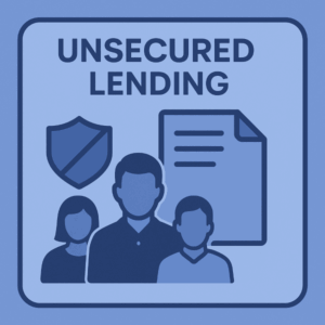Modern graphic titled “Unsecured Lending featuring silhouettes of three people, a shield icon on the left, and a document icon on the right. The layout is simple and professional
