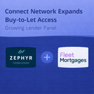 Square blue graphic with the headline “Connect Network Expands Buy-to-Let Access” and subheading “Growing Lender Panel”. Along the bottom are two lender logos: Zephyr Homeloans on the left (dark green background with white text) and Fleet Mortgages on the right (white background with pink and dark text), separated by a plus symbol to show both lenders being added.