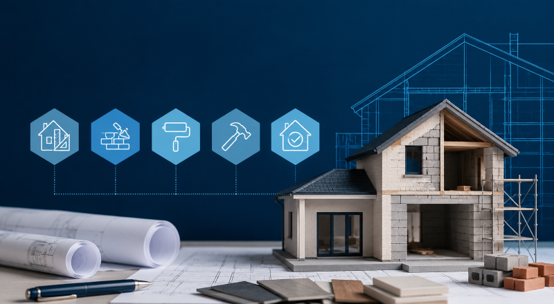 Development and Refurbishment Finance illustration showing a house under construction on architectural plans, with refurbishment and property development icons in a blue branded design.