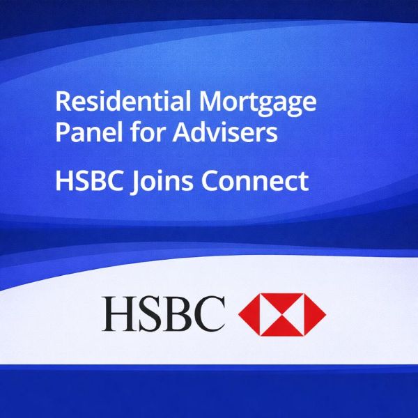Square blue promotional graphic with a wave-style gradient background. Large white text reads “Residential Mortgage Panel for Advisers” with a second line reading “HSBC Joins Connect”. Along the bottom is a white curved panel displaying the HSBC logo in its original black and red colours.