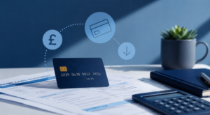 Persistent Credit Card Debt illustrated by a credit card, statements and calculator in a professional blue financial setting.