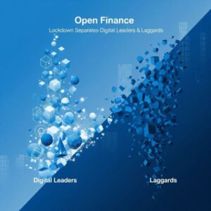 Blue presentation-style graphic titled “Open Finance” with the subtitle “Lockdown Separates Digital Leaders & Laggards”. The image is split diagonally: the left side shows a bright cluster of connected geometric shapes and network lines labelled “Digital Leaders”, while the right side shows a darker fragmented cluster of cubes and shapes labelled “Laggards”, suggesting a divide in digital progress.