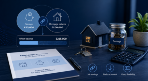 Offset Mortgages illustrated with linked savings, mortgage balance, property model, calculator and reduced interest icons.