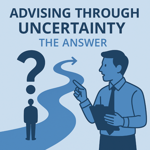 Blue illustrated graphic with the headline “Advising Through Uncertainty – The Answer”. A stylised adviser holding a tablet points forward toward a winding path, while a smaller figure stands beside a large question mark, symbolising guidance and decision-making during uncertainty.
