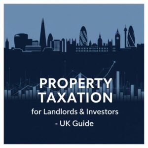 Square 600x600 graphic in dark and light blue showing a stylised London skyline above faint bar and line charts, with the central white text ‘PROPERTY TAXATION’ and smaller text below reading ‘for Landlords & Investors – UK Guide’.