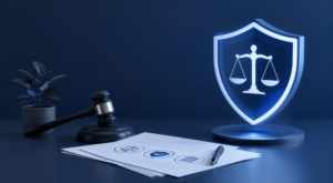 Mortgage Conveyancing Delays: legal documents, gavel and justice shield in a modern blue-themed property law scene.