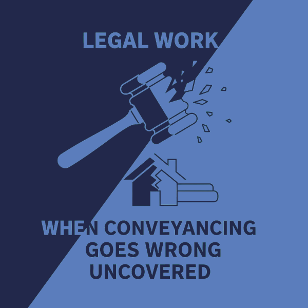 Blue graphic split diagonally showing a gavel striking a house icon with broken pieces flying off. Text reads “Legal Work” at the top and “When Conveyancing Goes Wrong Uncovered” at the bottom, representing legal issues in the conveyancing process.