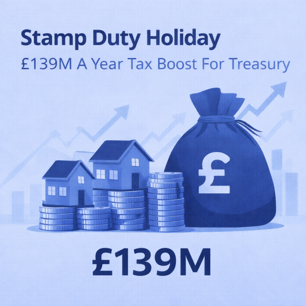 Square blue infographic showing the headline “Stamp Duty Holiday” with the subheading “£139M a Year Tax Boost For Treasury”. Below the text are illustrated houses sitting on stacks of coins next to a large money bag with a pound symbol. Upward arrows and faint chart lines in the background suggest increased tax revenue and economic growth.