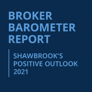 Square (600×600) cover image in two blue tones: a dark blue gradient background with large, bold, uppercase light-blue text reading “BROKER BAROMETER REPORT” stacked at the top-left. Below, a thin vertical light-blue line sits to the left of smaller uppercase light-blue text reading “SHAWBROOK’S POSITIVE OUTLOOK” on two lines, with “2021” beneath. Clean, minimalist layout with generous spacing