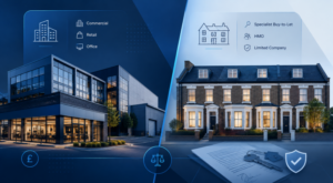 Commercial or Specialist Buy-to-Let property finance comparison featuring a modern commercial building and UK rental properties.