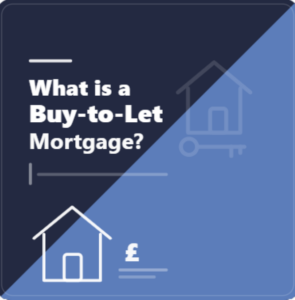 Square graphic with a two-tone blue background (navy and mid-blue) and the white headline “What is a Buy-to-Let Mortgage?” plus simple white line icons of a house and a key, with a small house and £ symbol in the corner.