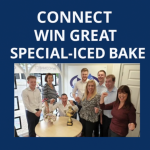 Connect team celebrating in the office around a trophy, with the headline “CONNECT WIN GREAT SPECIAL-ICED BAKE” above the photo on a blue background.