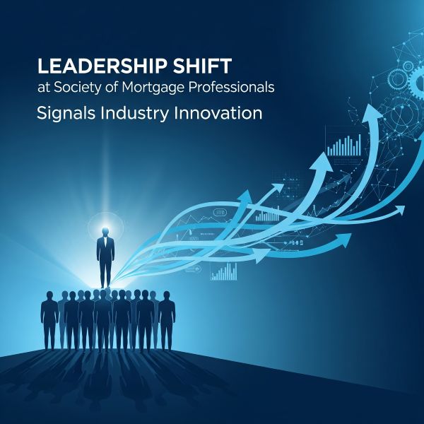 Square blue graphic with the headline “LEADERSHIP SHIFT” and smaller text “at Society of Mortgage Professionals”, followed by “Signals Industry Innovation”. At the bottom left, a group of silhouetted people stand together while one figure stands elevated and spotlighted above them. Curving arrows and digital charts flow from the leader toward the top right, suggesting progress, growth and innovation.