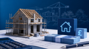 UTB 70% LTGDV Development Loan concept image showing a house under construction on architectural plans, with finance symbols, cash, a calculator and property icons in a blue branded setting.