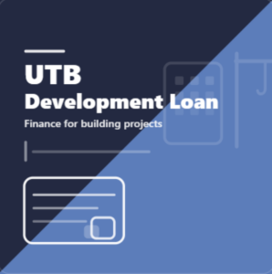 UTB Development Loan graphic in dark blue and light blue with white Open Sans text. Headline reads “UTB” and “Development Loan” with subtext “Finance for building projects”. Includes a subtle building and crane icon watermark in the top-right and a blueprint-style icon in the bottom-left.