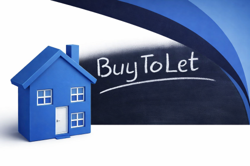 3D blue house in branded navy and light blue tones with detailed white windows and door, positioned beside a chalkboard background with the words “Buy To Let” written in white chalk style, and curved brand design elements in the top right corner.