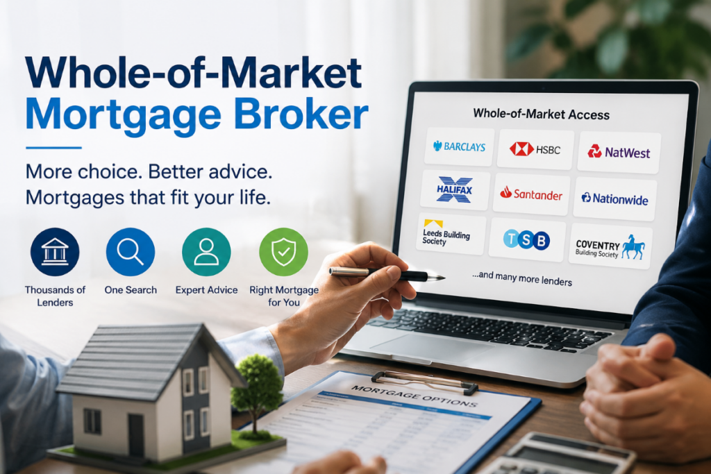 Whole-of-Market Mortgage Broker explaining wider lender choice, expert advice and suitable mortgage options for clients.