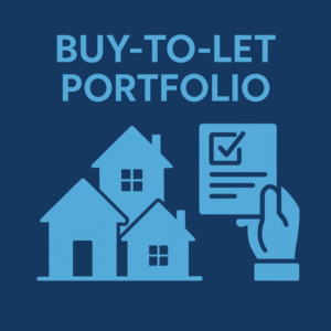 Square graphic (600x600) in a dark blue gradient background. Large light blue headline reads “BUY-TO-LET PORTFOLIO” at the top. Below, three simplified house icons sit on the left, while on the right a hand holds a document featuring a checkmark and a few horizontal lines.