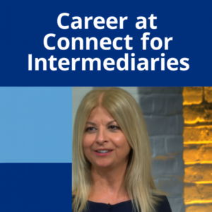 Square 600×600 graphic in dark and light blue with large white Open Sans-style headline “Career at Connect for Intermediaries” at the top, and a photo below of a blonde woman in a dark top against a studio-style background with grey and warm yellow tones;