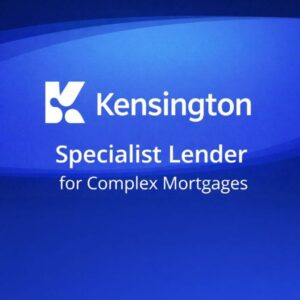 Square blue promotional graphic with a wave-style gradient background. The Kensington logo appears at the top, followed by large text reading “Specialist Lender” and smaller text underneath reading “for Complex Mortgages”. The design uses white text on layered light and dark blue tones.