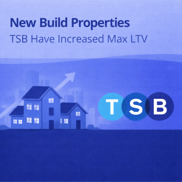 Square blue graphic with the headline “New Build Properties” and subheading “TSB Have Increased Max LTV”. The lower half shows illustrated new build houses on the left with a faint upward arrow behind them, and the TSB logo on the right in its original colours (three overlapping circles with the letters T, S and B).