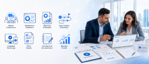 Recommend a Mortgage Network with SmartrFit+ technology, showing brokers reviewing performance dashboards, compliance documents, case tracking and business growth tools.