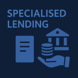 600x600 square graphic with a dark blue gradient background. Top left, the words “SPECIALISED LENDING” appear in large, uppercase light blue text. Bottom half shows three light blue icons: a simple document on the left, and on the right a hand holding stacked coins in front of a bank building