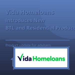 A square blue graphic with a light-to-dark blue gradient background. The headline reads “Vida Homeloans” with the subheading “Introduces New BTL and Residential Products”. A short line says “Product update for advisers”. A small house icon with a “BTL” tag appears in the lower left, and the original Vida Homeloans logo appears in full colour on a blue panel in the lower right.