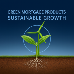 A square graphic with a deep-to-light blue gradient background. Centered is a green wind turbine merged with a sprouting plant above grass and visible soil with roots, surrounded by a faint glowing circle. Large light-blue text at the top reads “GREEN MORTGAGE PRODUCTS” and “SUSTAINABLE GROWTH.