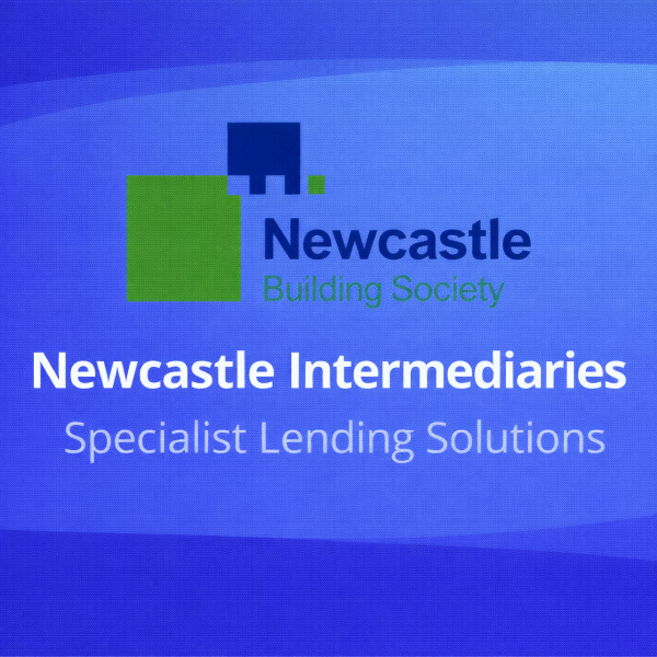 Square blue graphic with the Newcastle Building Society logo at the top. Large text reads “Newcastle Intermediaries” with smaller text underneath reading “Specialist Lending Solutions”. The background uses layered blue gradients and wave shapes, while the logo remains in its original green and dark blue colours.