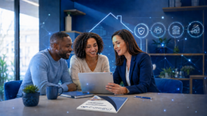 What Is a Mortgage Network hero image showing a diverse couple speaking with a mortgage adviser, with a clear Connect Network Guide on the desk and digital icons representing compliance, adviser support, lender access and business growth.