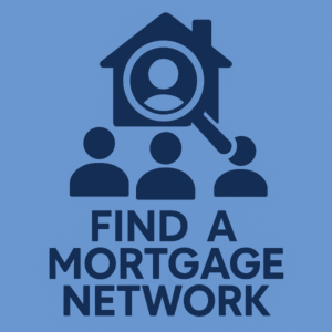 A minimalist blue graphic showing three people icons beneath a house with a magnifying glass, symbolising connection and search within the mortgage industry. Text reads “Find A Mortgage Network” in bold navy font.