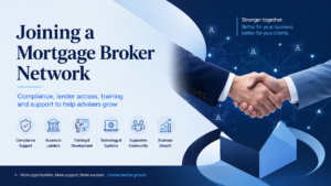Joining a Mortgage Broker Network hero image showing a professional handshake, connected adviser network icons, compliance support, lender access, training and development, technology systems, supportive community, and business growth.