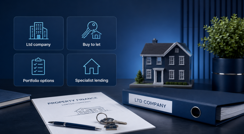 Limited Company Buy-to-Let in 2022 with property model, company finance documents and specialist lending icons.