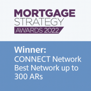 Square 600×600 awards graphic in two blues with the Mortgage Strategy Awards 2022 logo at the top in its original purple/black branding, and large white Open Sans-style text below reading “Winner: CONNECT Network | Best Network up to 300 ARs” on a blue background;