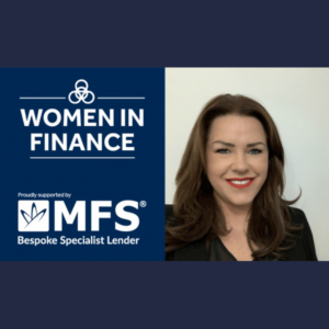 Women in Finance graphic with a dark blue left panel showing “WOMEN IN FINANCE” and the MFS logo with “Bespoke Specialist Lender”, alongside a portrait of a smiling woman with brown hair and red lipstick on a light background.
