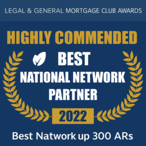Square 600×600 awards-style graphic in dark and light blue with “LEGAL & GENERAL MORTGAGE CLUB AWARDS” across the top, large gold Open Sans-style text “HIGHLY COMMENDED,” and white text “BEST NATIONAL NETWORK PARTNER,” framed by gold laurel branches with a small leaf icon