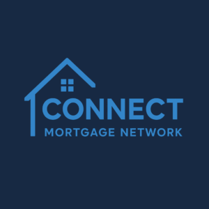A square 600 by 600 graphic featuring a dark navy background with a minimalist blue house outline above the word “Connect” in bold blue lettering, with “Mortgage Network” written below in a lighter blue tone