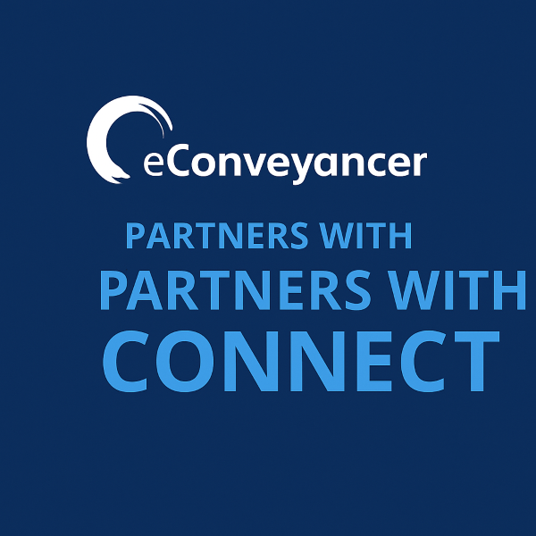 A 600x600 partnership announcement graphic with a dark blue background in the brand colours Light Blue and Dark Blue. At the top is the original white-and-blue eConveyancer logo. Centred beneath it, in Open Sans font, the text reads “PARTNERS WITH CONNECT” in two shades of blue, highlighting the new partnership between eConveyancer and Connect.