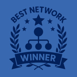 Badge-style graphic in two blue tones showing a central network icon, stars, and laurel branches, with the words “Best Network Winner” displayed on a ribbon banner.