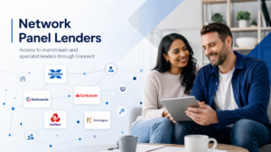 Network Panel Lenders hero image showing a diverse couple reviewing mortgage options, with connected lender logo cards, home, people and key icons representing access to mainstream and specialist lenders through Connect.