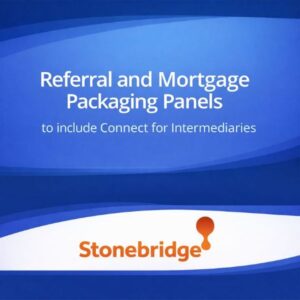 Square blue graphic with a wave-style gradient background. Large centred text reads “Referral and Mortgage Packaging Panels” with smaller text underneath reading “to include Connect for Intermediaries”. Along the bottom is a white curved panel containing the Stonebridge logo in its original orange colour.