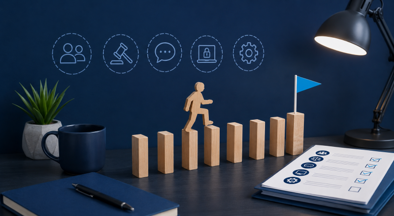 Mortgage Adviser Challenges represented by strategic planning blocks, compliance icons and a clear path towards business goals.