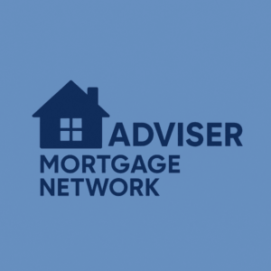 A modern mortgage adviser network logo featuring a dark blue house icon with a window beside bold dark blue text reading Adviser Mortgage Network, set against a light blue background.